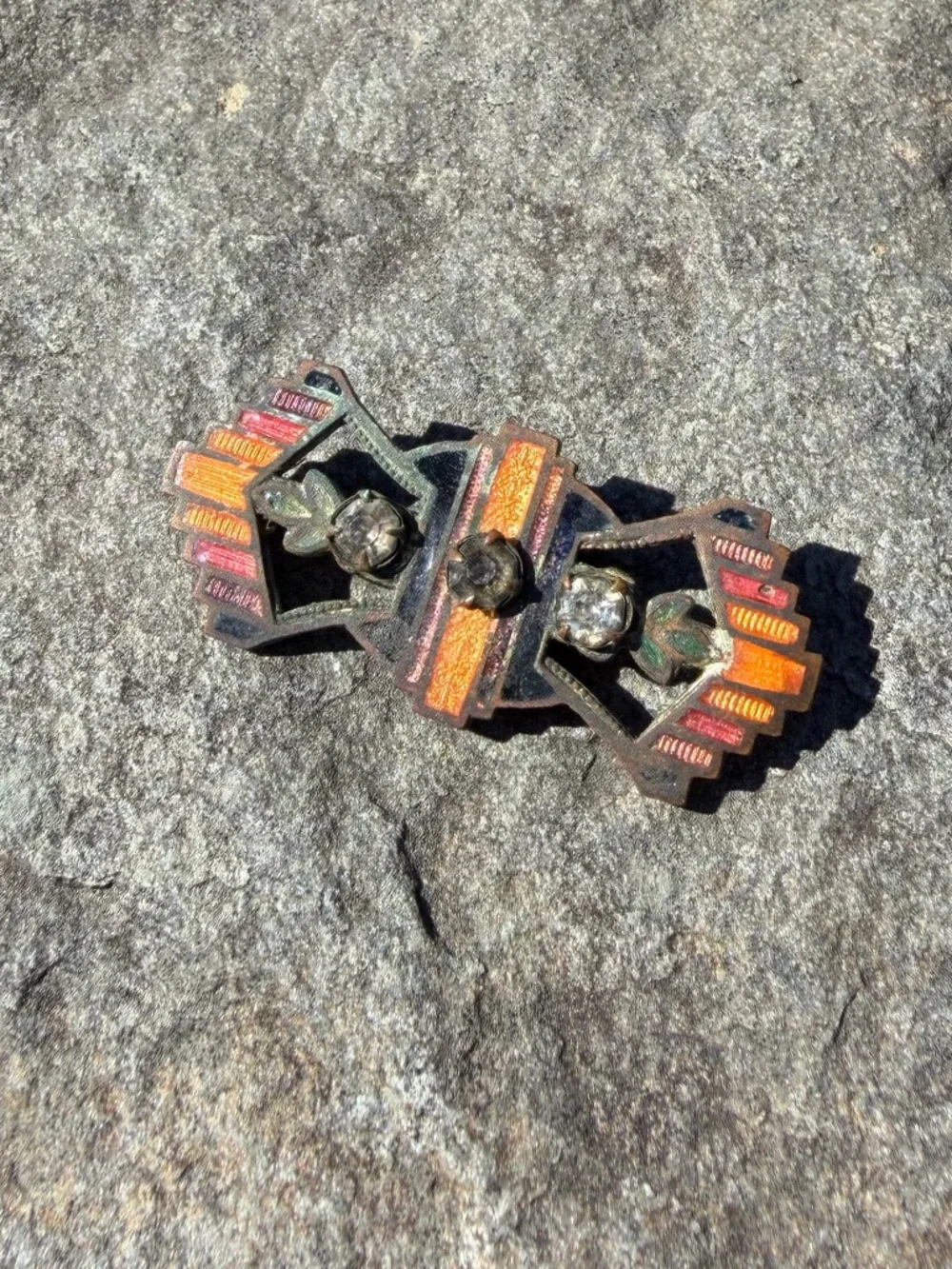 Vintage Art Deco Orange Enamel Rhinestone Fan Brooch - Picture 9 of 9